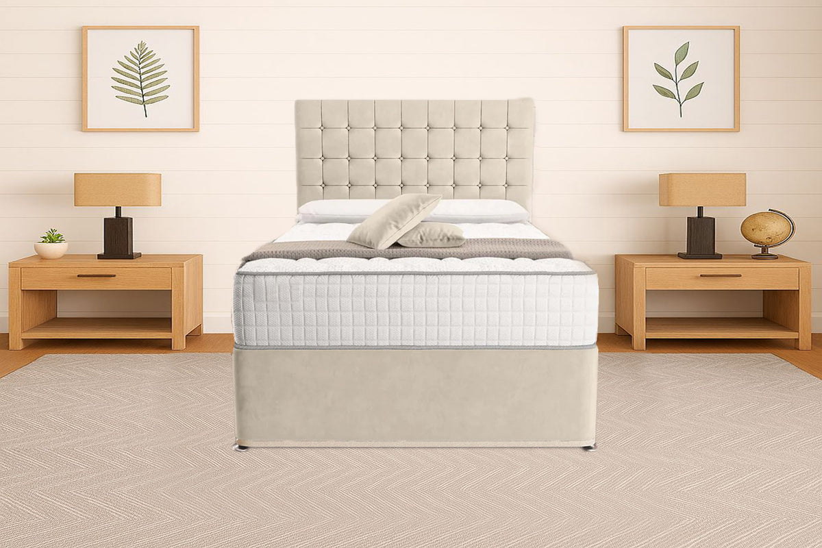 “Reliance Beds UK – Cubed Design Divan Bed With Optional Draws Storage (All Fabrics & Colours)”
