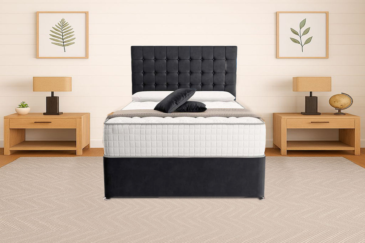 “Reliance Beds UK – Cubed Design Divan Bed With Optional Draws Storage (All Fabrics & Colours)”