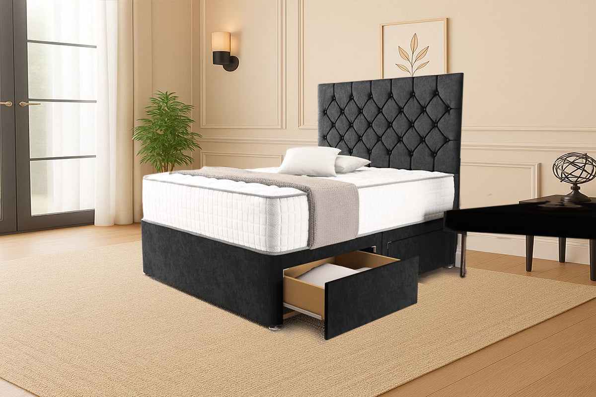 “Reliance Beds UK – Florida Design Divan Bed With Optional Draws Storage (All Fabrics & Colours)”