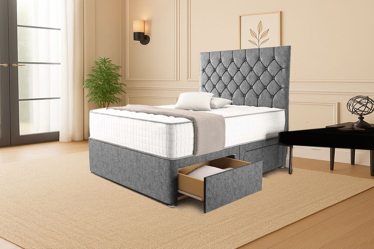 “Reliance Beds UK – Florida Design Divan Bed With Optional Draws Storage (All Fabrics & Colours)”