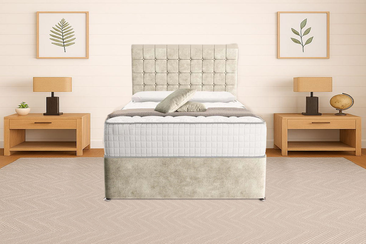 “Reliance Beds UK – Cubed Design Divan Bed With Optional Draws Storage (All Fabrics & Colours)”