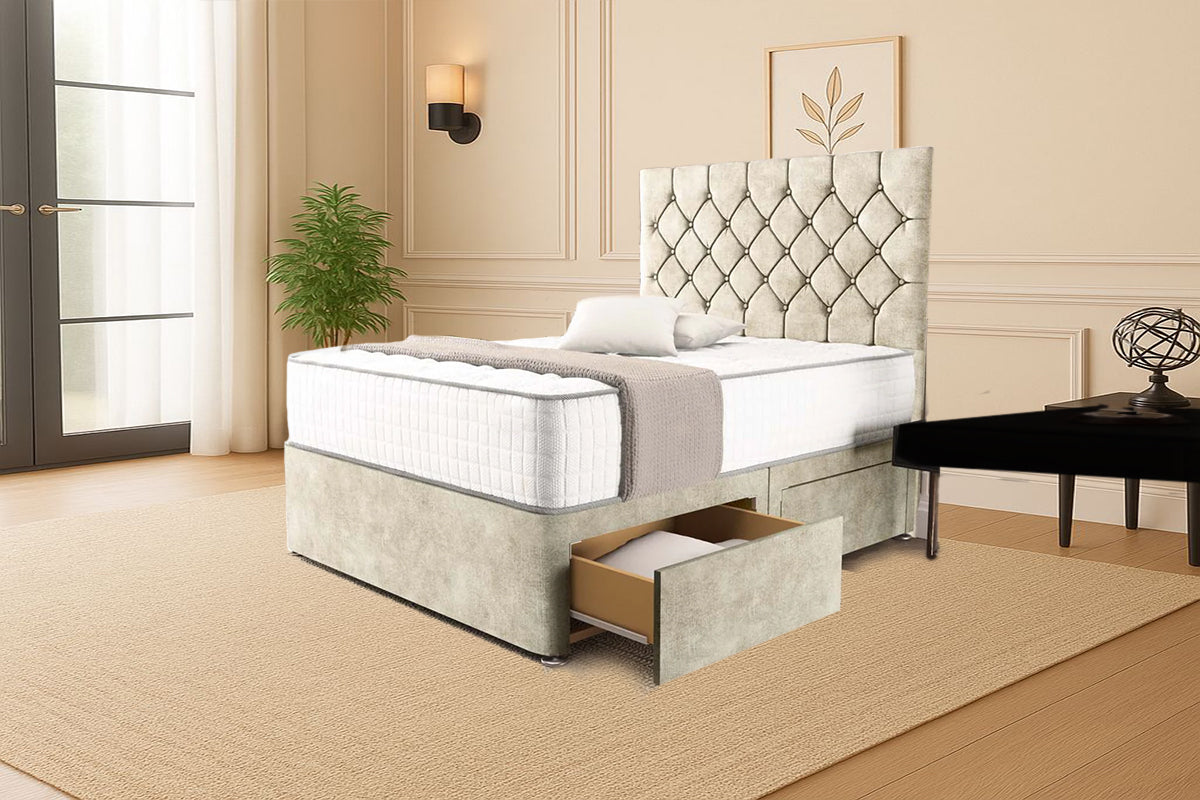 “Reliance Beds UK – Florida Design Divan Bed With Optional Draws Storage (All Fabrics & Colours)”