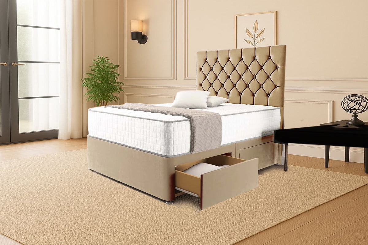 “Reliance Beds UK – Florida Design Divan Bed With Optional Draws Storage (All Fabrics & Colours)”