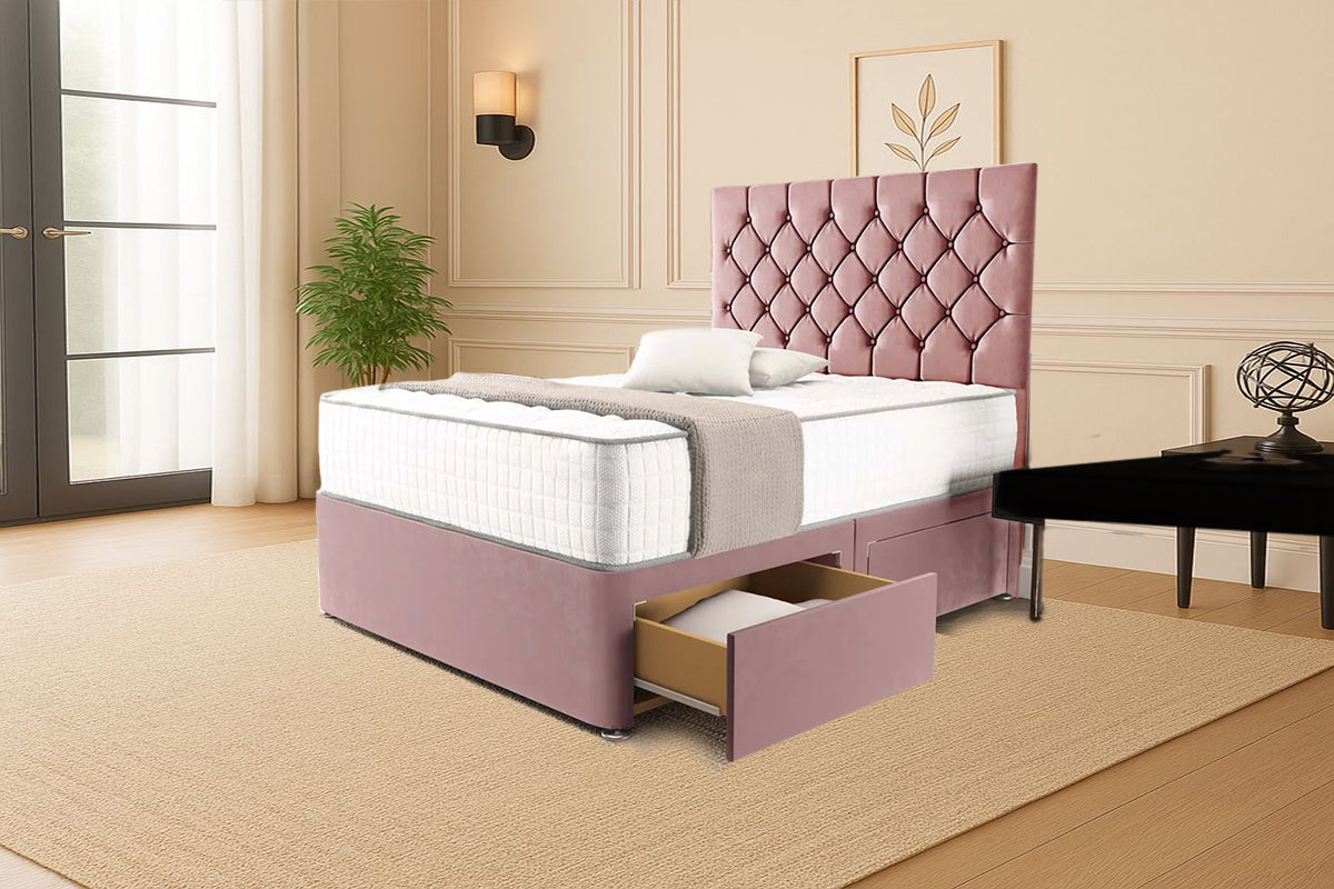“Reliance Beds UK – Florida Design Divan Bed With Optional Draws Storage (All Fabrics & Colours)”