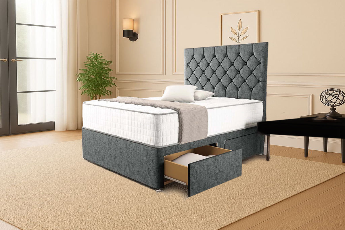 “Reliance Beds UK – Florida Design Divan Bed With Optional Draws Storage (All Fabrics & Colours)”