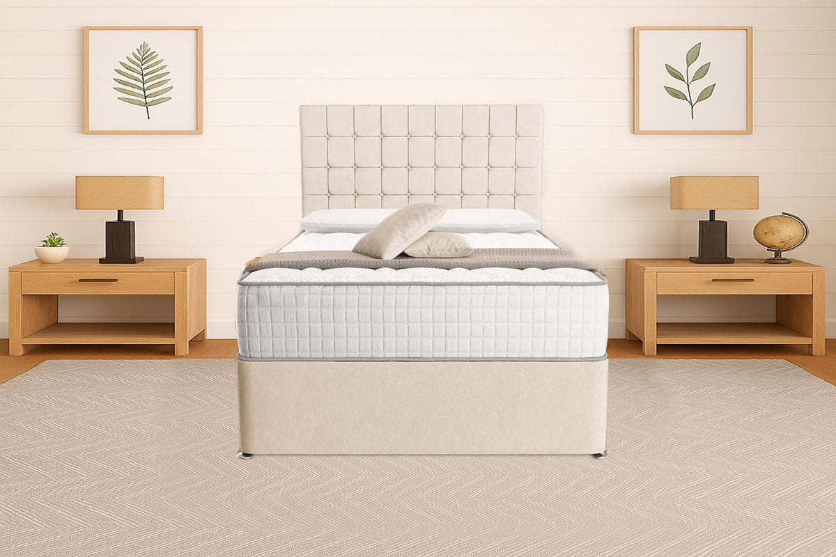 “Reliance Beds UK – Cubed Design Divan Bed With Optional Draws Storage (All Fabrics & Colours)”