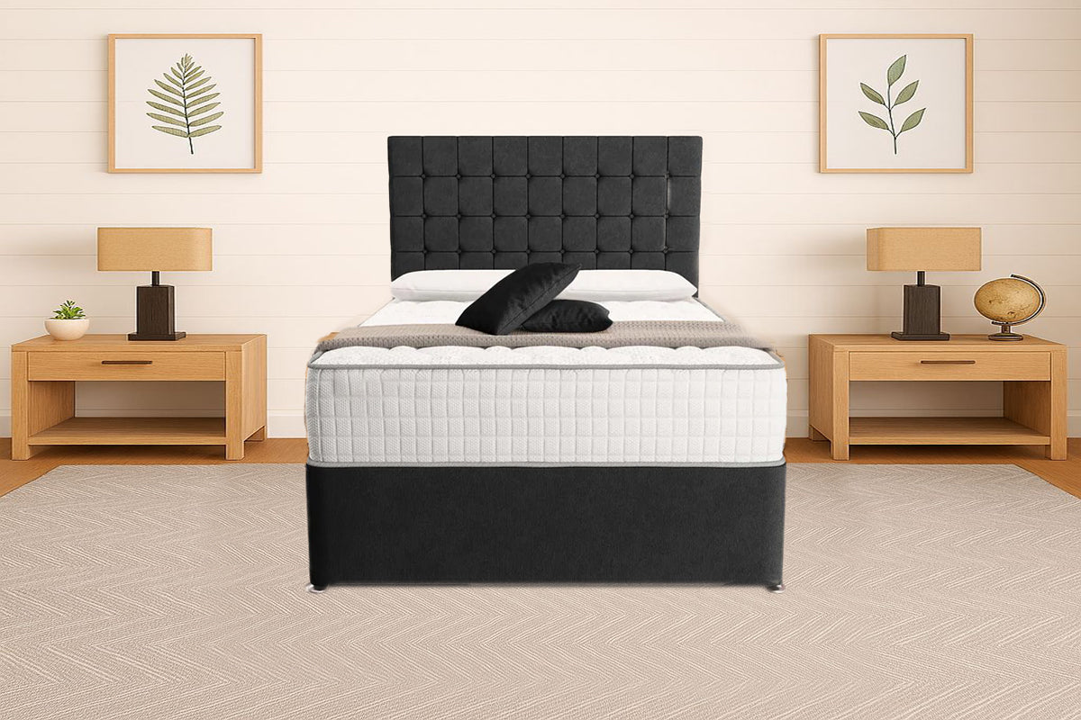 “Reliance Beds UK – Cubed Design Divan Bed With Optional Draws Storage (All Fabrics & Colours)”
