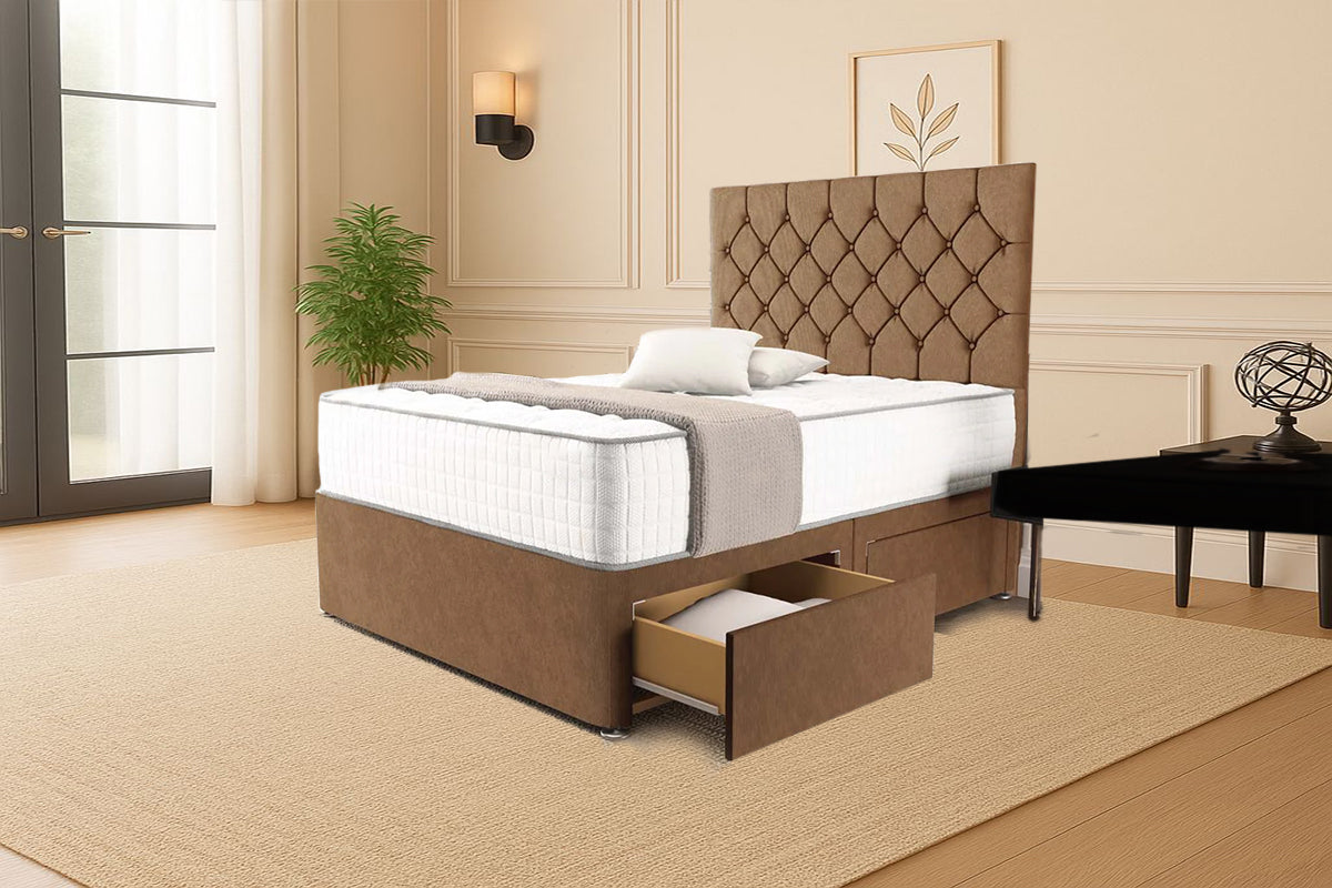 “Reliance Beds UK – Florida Design Divan Bed With Optional Draws Storage (All Fabrics & Colours)”