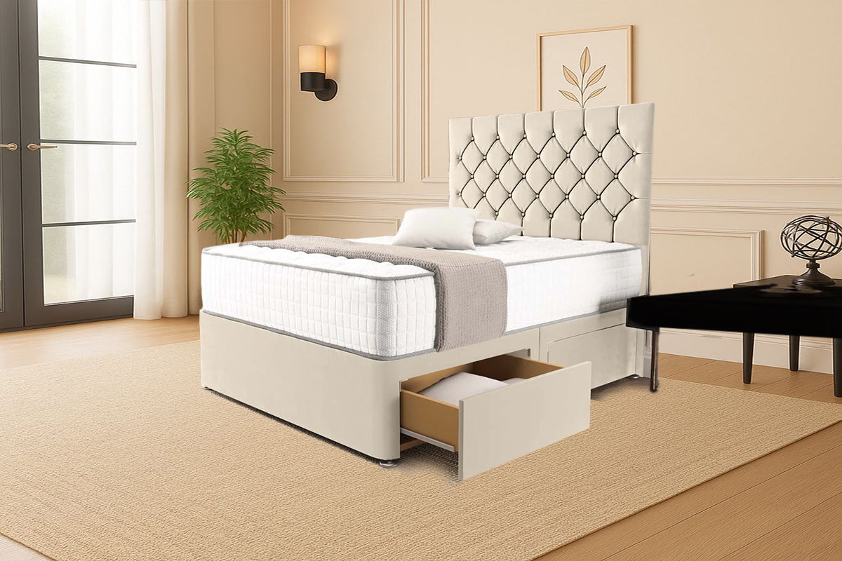 “Reliance Beds UK – Florida Design Divan Bed With Optional Draws Storage (All Fabrics & Colours)”
