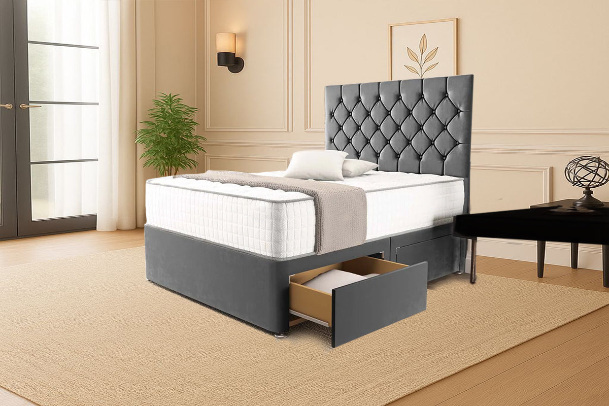 “Reliance Beds UK – Florida Design Divan Bed With Optional Draws Storage (All Fabrics & Colours)”