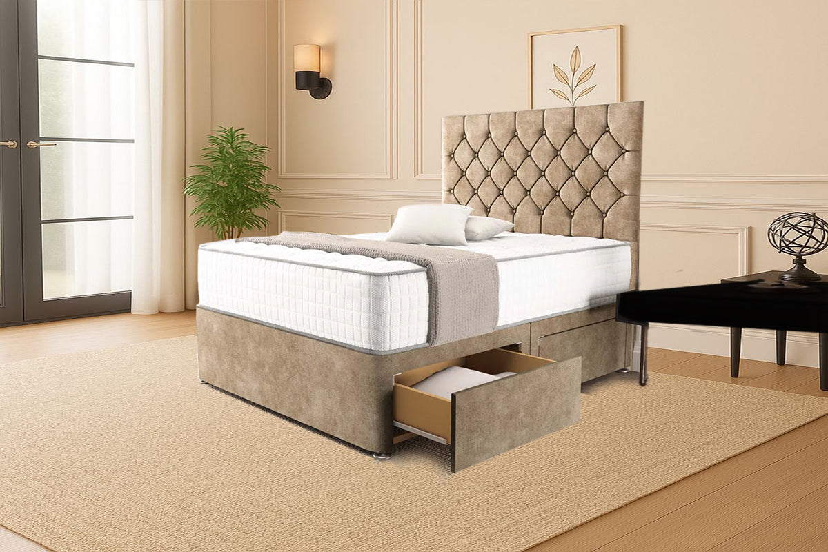 “Reliance Beds UK – Florida Design Divan Bed With Optional Draws Storage (All Fabrics & Colours)”