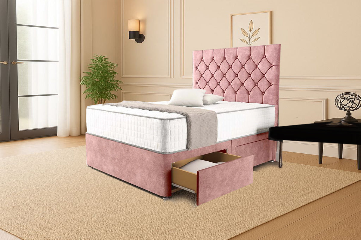 “Reliance Beds UK – Florida Design Divan Bed With Optional Draws Storage (All Fabrics & Colours)”