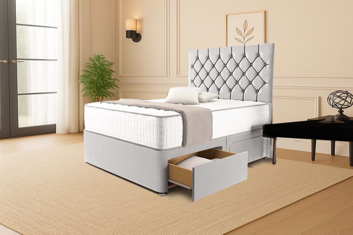 “Reliance Beds UK – Florida Design Divan Bed With Optional Draws Storage (All Fabrics & Colours)”